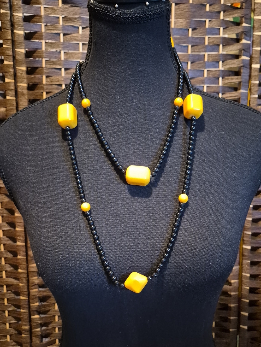 Yellow and Black Beaded Long Necklace